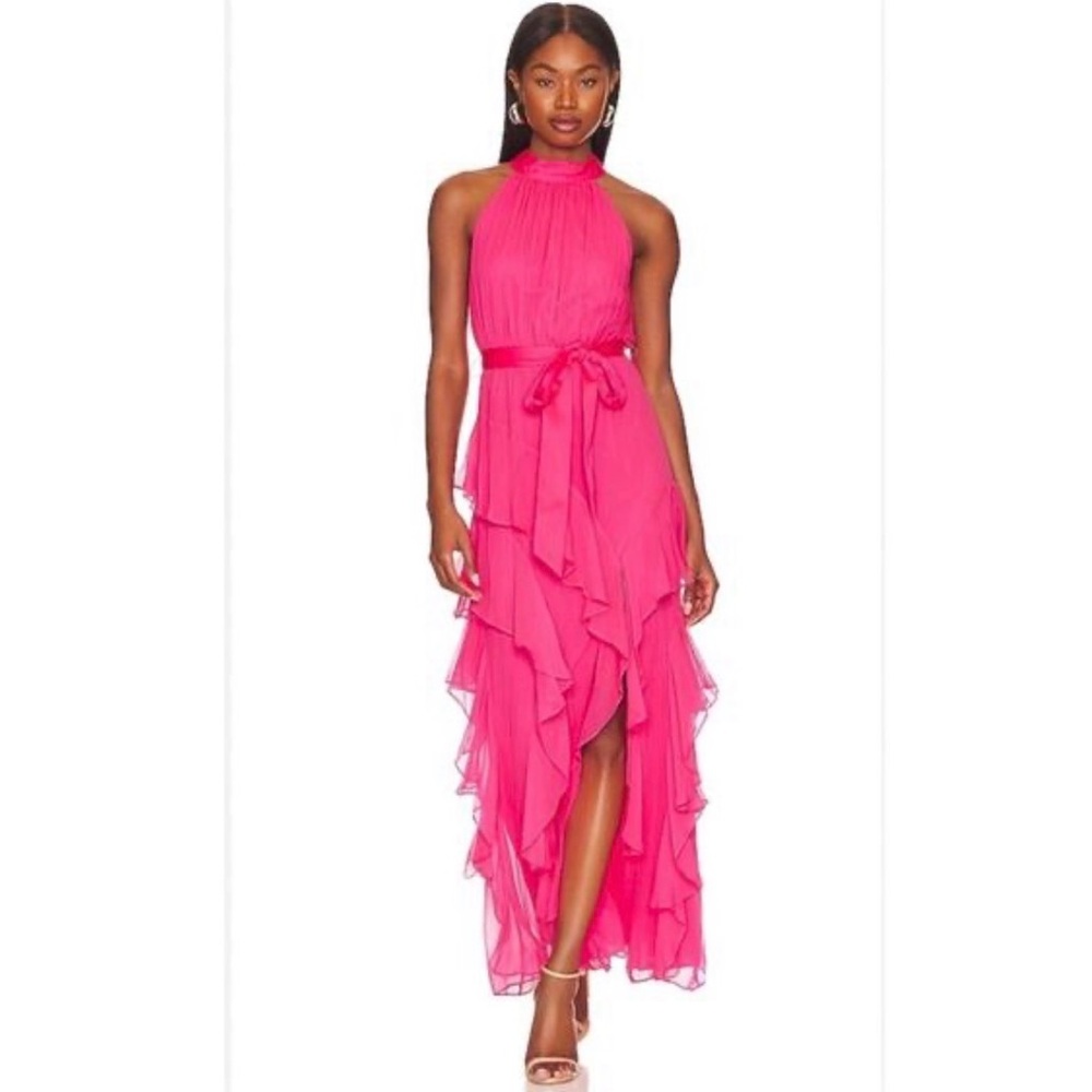 NEW Alice & Olivia Silk Fuchsia Halter Ruffle Dress with Tie Waist size 2